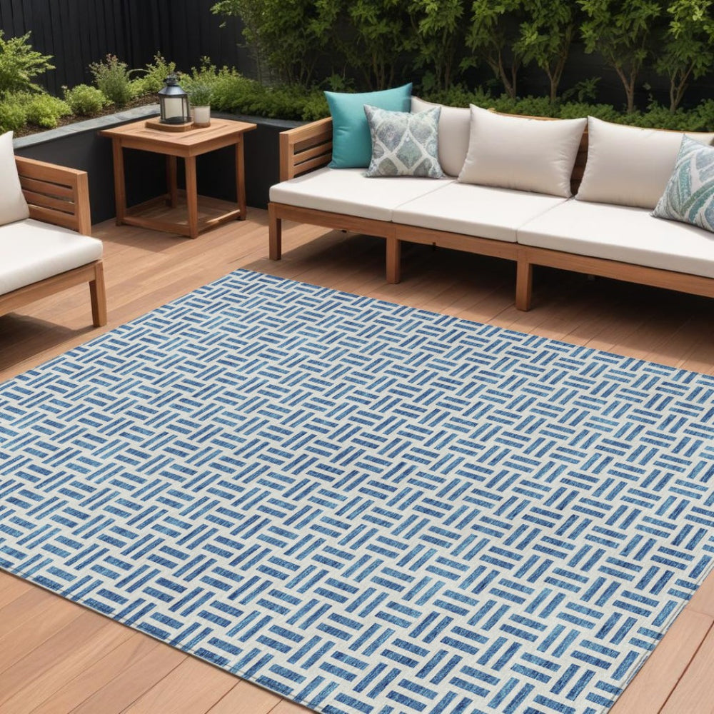 HomeRoots 5' Stylish Denim Blue and Ivory Geometric Area Rug for Indoor and Outdoor Spaces - Easy Care! 9' X 12' 614741