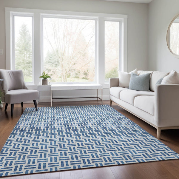 HomeRoots 5' Stylish Denim Blue and Ivory Geometric Area Rug for Indoor and Outdoor Spaces - Easy Care! 9' X 12' 614741