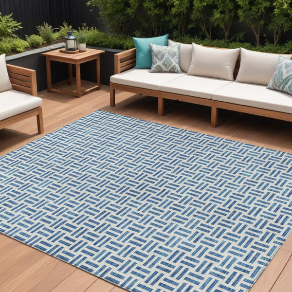 HomeRoots 5' Stylish Denim Blue and Ivory Geometric Area Rug for Indoor and Outdoor Spaces - Easy Care! 10' X 14' 614742