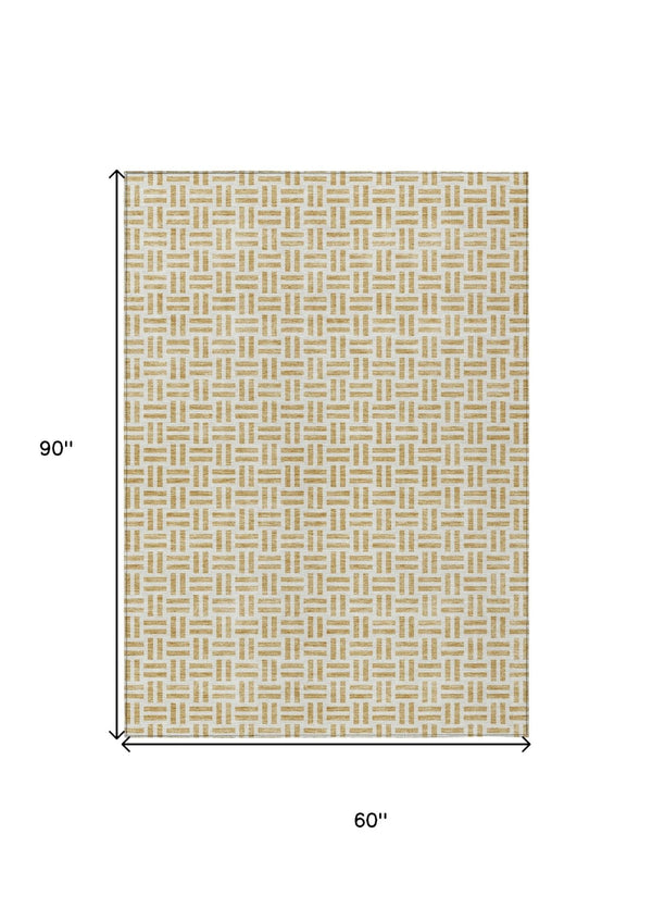 HomeRoots 5' Stylish Gold and Ivory Geometric Indoor Outdoor Area Rug – Durable, Washable, and Versatile Design 5' X 8' 614744