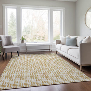 HomeRoots 5' Stylish Gold and Ivory Geometric Indoor Outdoor Area Rug – Durable, Washable, and Versatile Design 5' X 8' 614744