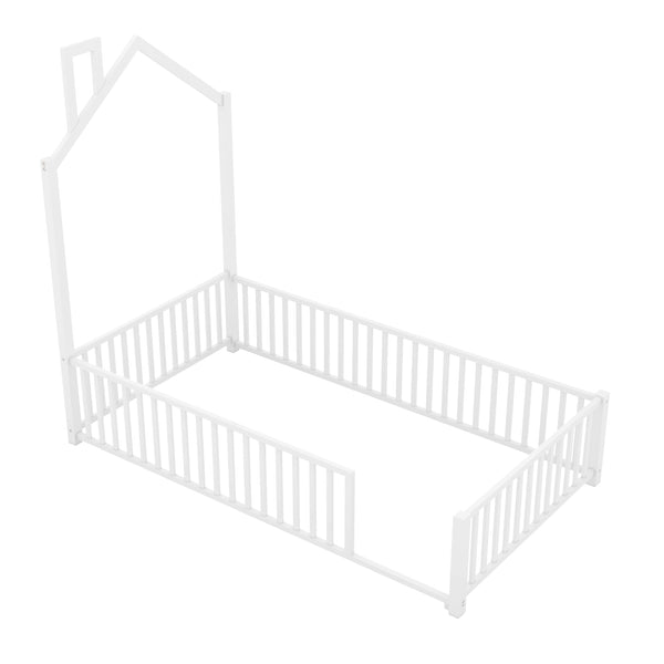 English Elm Twin House Metal Platform Bed with Guardrail & Chimney, White — Kids Playful Frame, Safe Sleep Design N709P203151K
