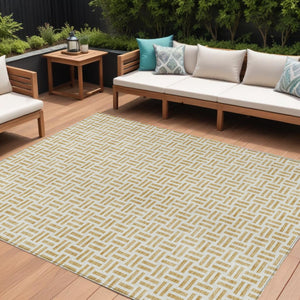 HomeRoots 5' Stylish Gold and Ivory Geometric Indoor Outdoor Area Rug – Durable, Washable, and Versatile Design 9' X 12' 614747