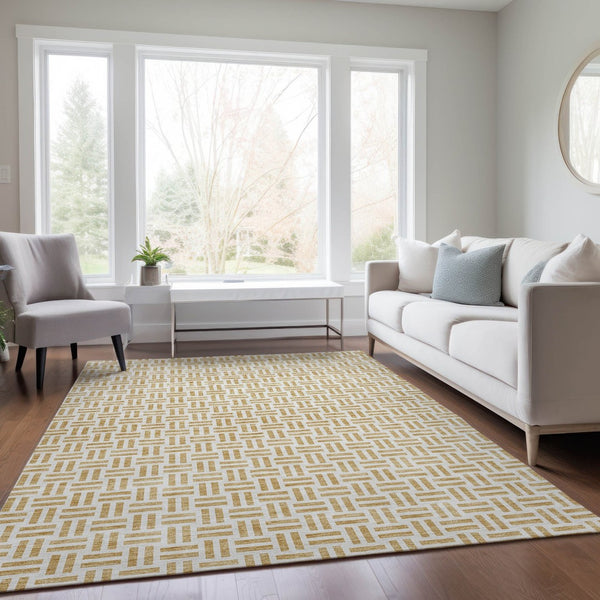 HomeRoots 5' Stylish Gold and Ivory Geometric Indoor Outdoor Area Rug – Durable, Washable, and Versatile Design 9' X 12' 614747