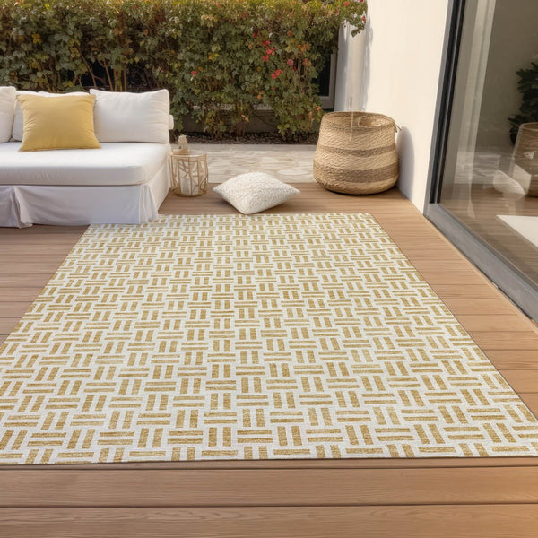 HomeRoots 5' Stylish Gold and Ivory Geometric Indoor Outdoor Area Rug – Durable, Washable, and Versatile Design 10' X 14' 614748