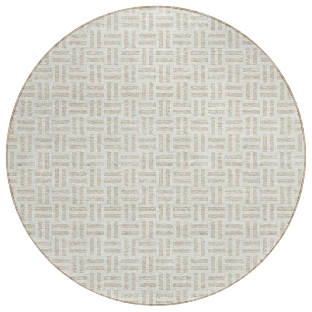 HomeRoots 5' Stylish Ivory and Beige Geometric Area Rug for Indoor and Outdoor Use - Durable & Washable Design 8' Round 614757