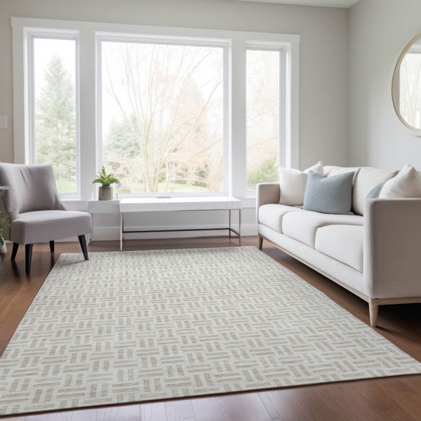 HomeRoots 5' Stylish Ivory and Beige Geometric Area Rug for Indoor and Outdoor Use - Durable & Washable Design 10' X 14' 614760