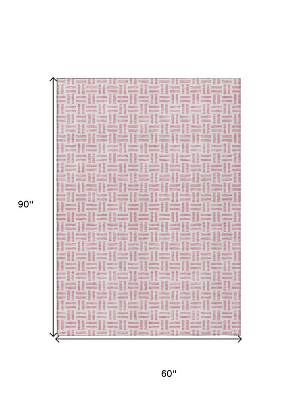 HomeRoots 5' Pink and Ivory Geometric Area Rug - Stylish Indoor/Outdoor Washable Design for Modern Spaces 5' X 8' 614768