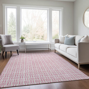 HomeRoots 5' Pink and Ivory Geometric Area Rug - Stylish Indoor/Outdoor Washable Design for Modern Spaces 5' X 8' 614768