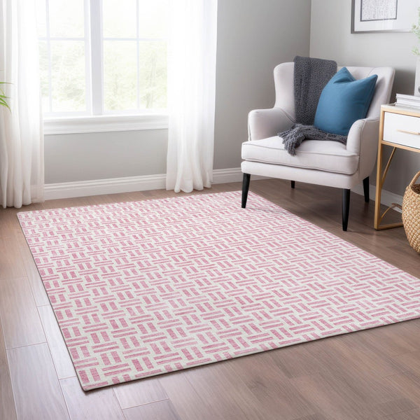 HomeRoots 5' Pink and Ivory Geometric Area Rug - Stylish Indoor/Outdoor Washable Design for Modern Spaces 10' X 14' 614772