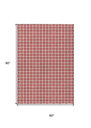 HomeRoots 5' Modern Red and Ivory Geometric Area Rug – Durable, Washable Design for Indoor and Outdoor Use 5' X 8' 614774