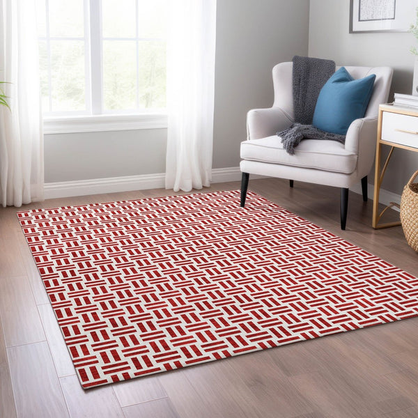 HomeRoots 5' Modern Red and Ivory Geometric Area Rug – Durable, Washable Design for Indoor and Outdoor Use 5' X 8' 614774