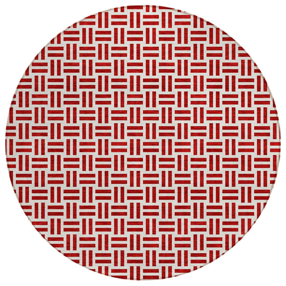 HomeRoots 5' Modern Red and Ivory Geometric Area Rug – Durable, Washable Design for Indoor and Outdoor Use 8' Round 614775