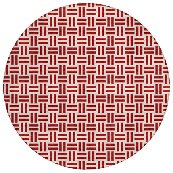 HomeRoots 5' Modern Red and Ivory Geometric Area Rug – Durable, Washable Design for Indoor and Outdoor Use 8' Round 614775