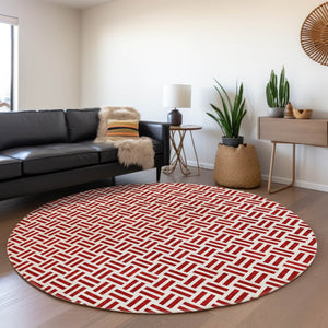HomeRoots 5' Modern Red and Ivory Geometric Area Rug – Durable, Washable Design for Indoor and Outdoor Use 8' Round 614775