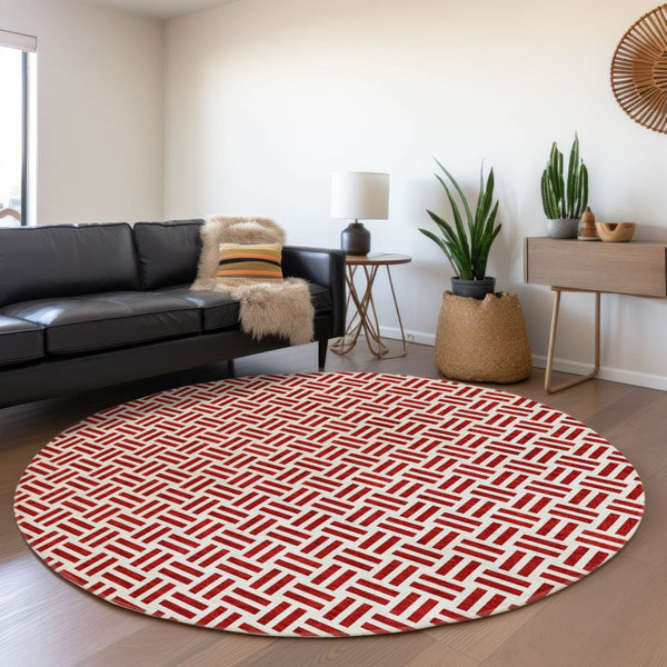 HomeRoots 5' Modern Red and Ivory Geometric Area Rug – Durable, Washable Design for Indoor and Outdoor Use 8' Round 614775