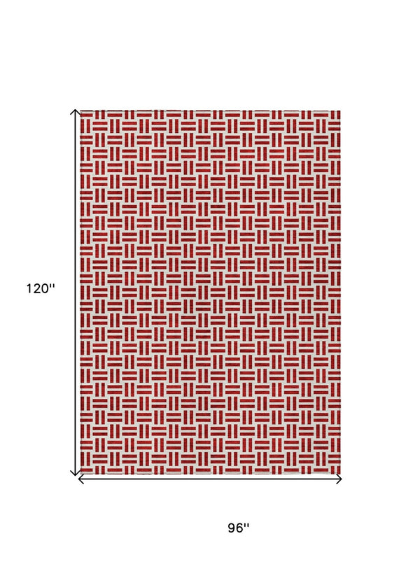 HomeRoots 5' Modern Red and Ivory Geometric Area Rug – Durable, Washable Design for Indoor and Outdoor Use 8' X 10' 614776