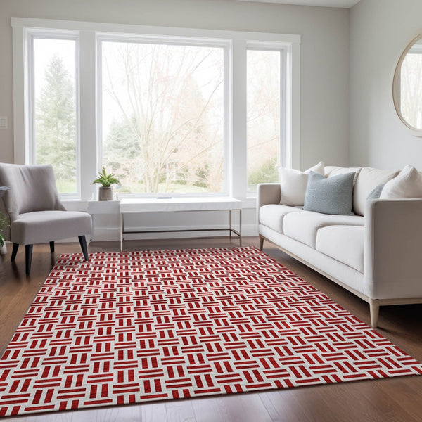 HomeRoots 5' Modern Red and Ivory Geometric Area Rug – Durable, Washable Design for Indoor and Outdoor Use 8' X 10' 614776