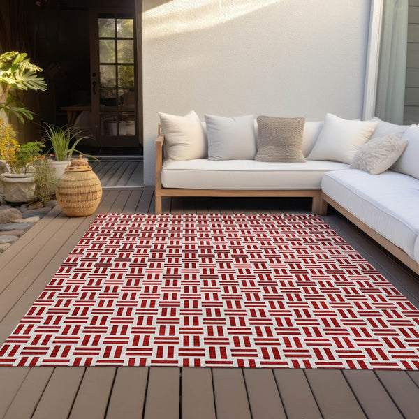 HomeRoots 5' Modern Red and Ivory Geometric Area Rug – Durable, Washable Design for Indoor and Outdoor Use 8' X 10' 614776