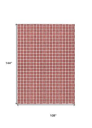 HomeRoots 5' Modern Red and Ivory Geometric Area Rug – Durable, Washable Design for Indoor and Outdoor Use 9' X 12' 614777