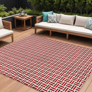 HomeRoots 5' Modern Red and Ivory Geometric Area Rug – Durable, Washable Design for Indoor and Outdoor Use 9' X 12' 614777