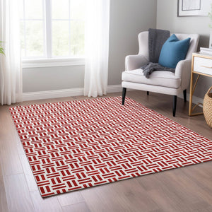 HomeRoots 5' Modern Red and Ivory Geometric Area Rug – Durable, Washable Design for Indoor and Outdoor Use 9' X 12' 614777