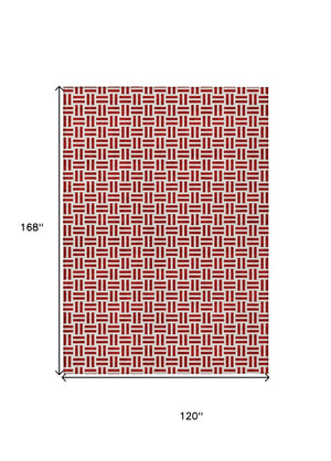 HomeRoots 5' Modern Red and Ivory Geometric Area Rug – Durable, Washable Design for Indoor and Outdoor Use 10' X 14' 614778