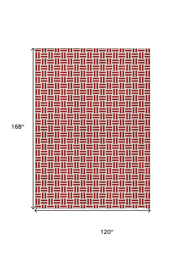 HomeRoots 5' Modern Red and Ivory Geometric Area Rug – Durable, Washable Design for Indoor and Outdoor Use 10' X 14' 614778