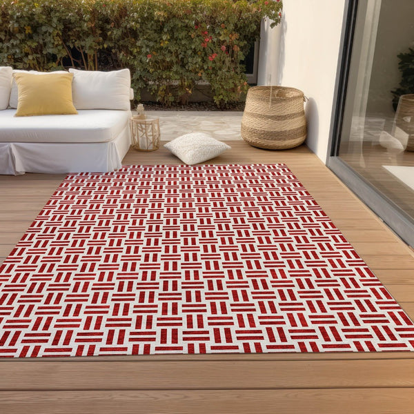 HomeRoots 5' Modern Red and Ivory Geometric Area Rug – Durable, Washable Design for Indoor and Outdoor Use 10' X 14' 614778