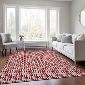 HomeRoots 5' Modern Red and Ivory Geometric Area Rug – Durable, Washable Design for Indoor and Outdoor Use 10' X 14' 614778