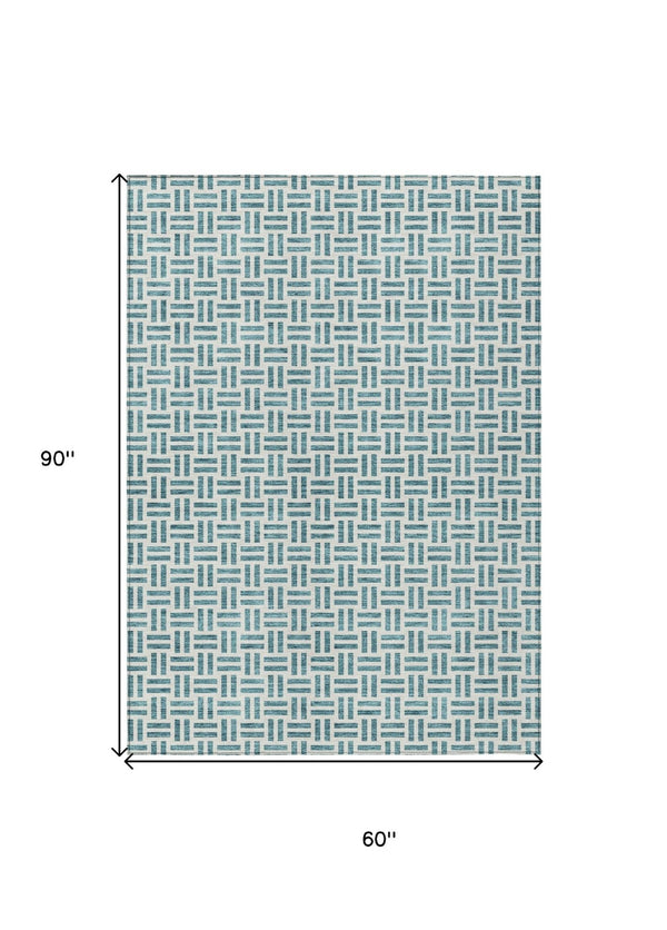 HomeRoots 5' Stylish Teal Blue and Ivory Geometric Area Rug – Durable, Washable, Perfect for Indoor & Outdoor Spaces 5' X 8' 614780