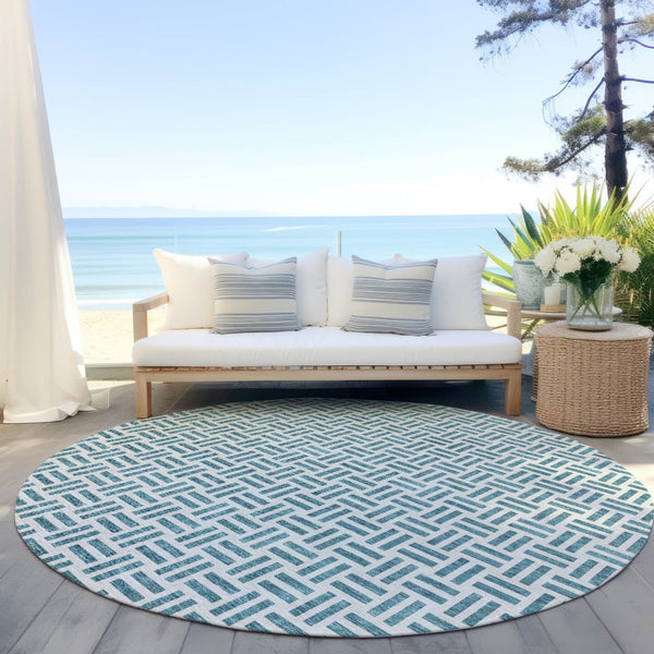 HomeRoots 5' Stylish Teal Blue and Ivory Geometric Area Rug – Durable, Washable, Perfect for Indoor & Outdoor Spaces 8' Round 614781