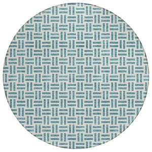 HomeRoots 5' Stylish Teal Blue and Ivory Geometric Area Rug – Durable, Washable, Perfect for Indoor & Outdoor Spaces 8' Round 614781