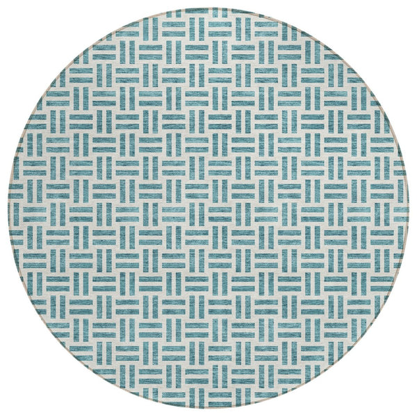 HomeRoots 5' Stylish Teal Blue and Ivory Geometric Area Rug – Durable, Washable, Perfect for Indoor & Outdoor Spaces 8' Round 614781
