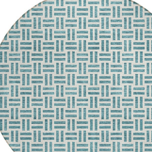 HomeRoots 5' Stylish Teal Blue and Ivory Geometric Area Rug – Durable, Washable, Perfect for Indoor & Outdoor Spaces 8' Round 614781