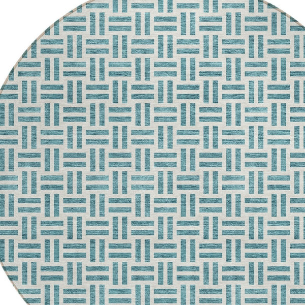 HomeRoots 5' Stylish Teal Blue and Ivory Geometric Area Rug – Durable, Washable, Perfect for Indoor & Outdoor Spaces 8' Round 614781