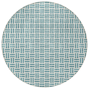 HomeRoots 5' Stylish Teal Blue and Ivory Geometric Area Rug – Durable, Washable, Perfect for Indoor & Outdoor Spaces 8' Round 614781