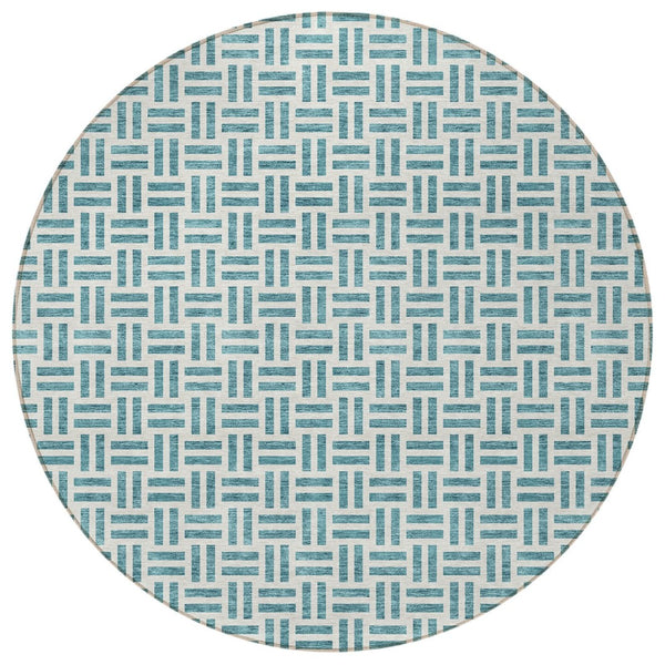 HomeRoots 5' Stylish Teal Blue and Ivory Geometric Area Rug – Durable, Washable, Perfect for Indoor & Outdoor Spaces 8' Round 614781