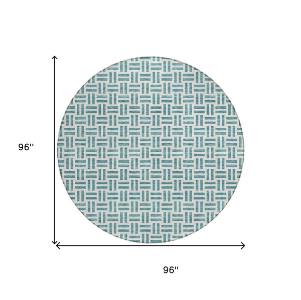 HomeRoots 5' Stylish Teal Blue and Ivory Geometric Area Rug – Durable, Washable, Perfect for Indoor & Outdoor Spaces 8' Round 614781
