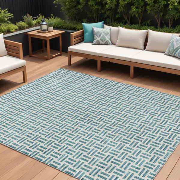HomeRoots 5' Stylish Teal Blue and Ivory Geometric Area Rug – Durable, Washable, Perfect for Indoor & Outdoor Spaces 8' X 10' 614782