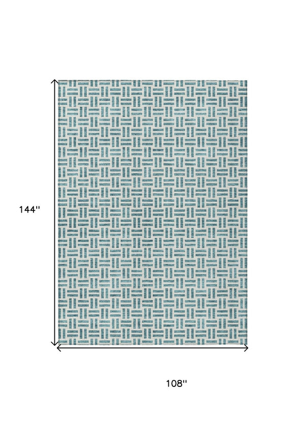 HomeRoots 5' Stylish Teal Blue and Ivory Geometric Area Rug – Durable, Washable, Perfect for Indoor & Outdoor Spaces 9' X 12' 614783