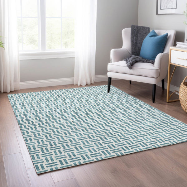 HomeRoots 5' Stylish Teal Blue and Ivory Geometric Area Rug – Durable, Washable, Perfect for Indoor & Outdoor Spaces 9' X 12' 614783