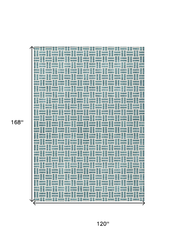 HomeRoots 5' Stylish Teal Blue and Ivory Geometric Area Rug – Durable, Washable, Perfect for Indoor & Outdoor Spaces 10' X 14' 614784