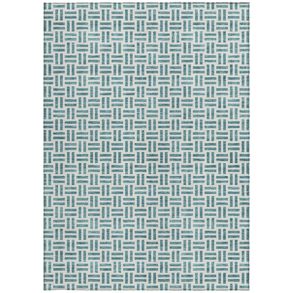 HomeRoots 5' Stylish Teal Blue and Ivory Geometric Area Rug – Durable, Washable, Perfect for Indoor & Outdoor Spaces 10' X 14' 614784