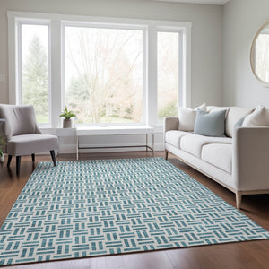 HomeRoots 5' Stylish Teal Blue and Ivory Geometric Area Rug – Durable, Washable, Perfect for Indoor & Outdoor Spaces 10' X 14' 614784