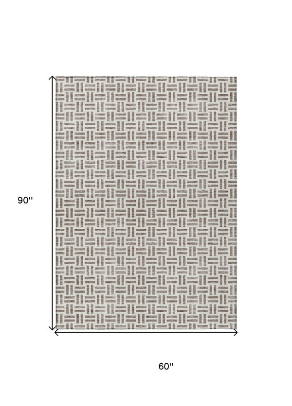 HomeRoots 5' Taupe and Ivory Geometric Area Rug - Stylish, Washable, Indoor/Outdoor Comfort for Any Space 5' X 8' 614786