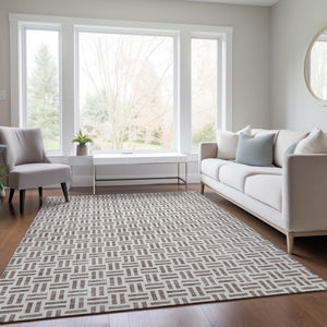 HomeRoots 5' Taupe and Ivory Geometric Area Rug - Stylish, Washable, Indoor/Outdoor Comfort for Any Space 10' X 14' 614790