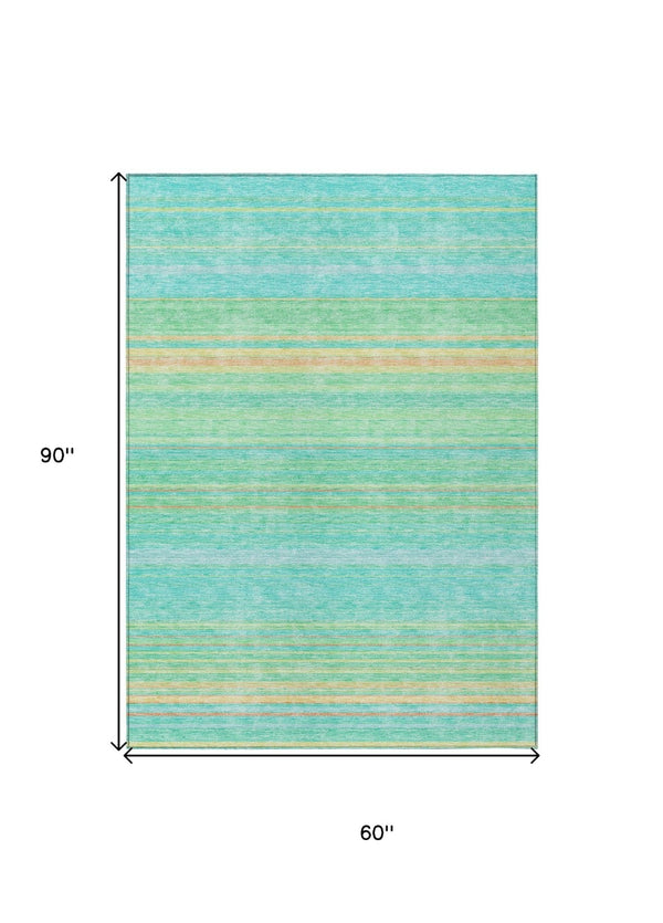 HomeRoots 5' Aqua Green and Yellow Striped Washable Area Rug - Durable, Stain-Resistant, Indoor/Outdoor Accent 5' X 8' 614792