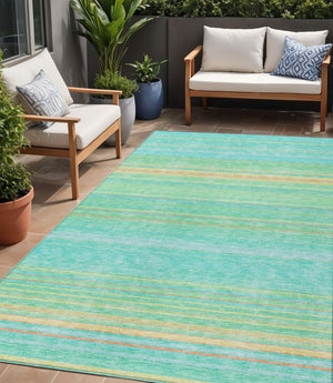 HomeRoots 5' Aqua Green and Yellow Striped Washable Area Rug - Durable, Stain-Resistant, Indoor/Outdoor Accent 5' X 8' 614792