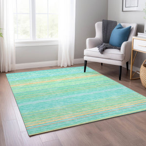 HomeRoots 5' Aqua Green and Yellow Striped Washable Area Rug - Durable, Stain-Resistant, Indoor/Outdoor Accent 5' X 8' 614792